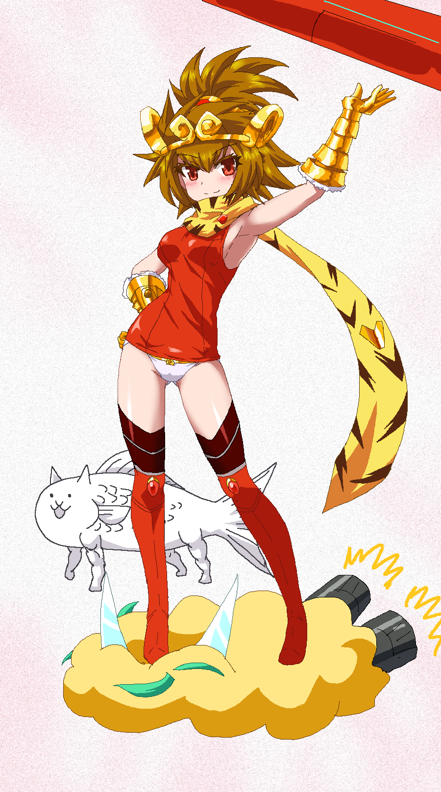 1girl, animal_print, blush, breasts, brown_hair, cat_(nyanko_daisensou), clouds, crown