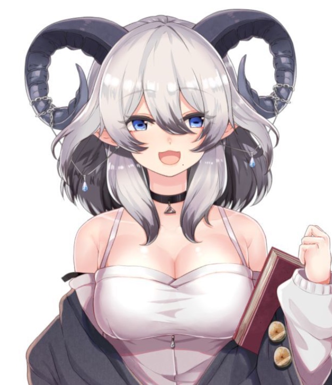 1girl, animated, blue_eyes, book, breasts, crop_top, demon_girl, demon_horns