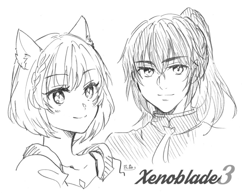 1boy, 1girl, animal_ears, bangs, cat_ears, closed_mouth, copyright_name, eyebrows_visible_through_hair