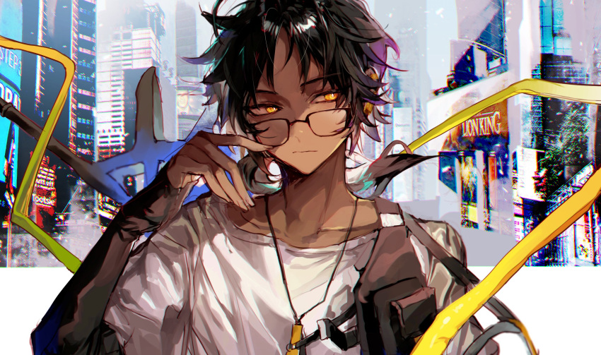 1boy, arknights, arm_warmers, belt_pouch, black_hair, bright_pupils, city, closed_mouth