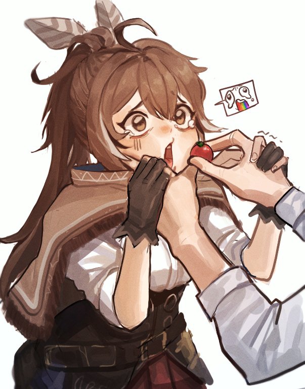 1girl, 1other, black_corset, brown_cloak, brown_skirt, cherry_tomato, cloak, commentary