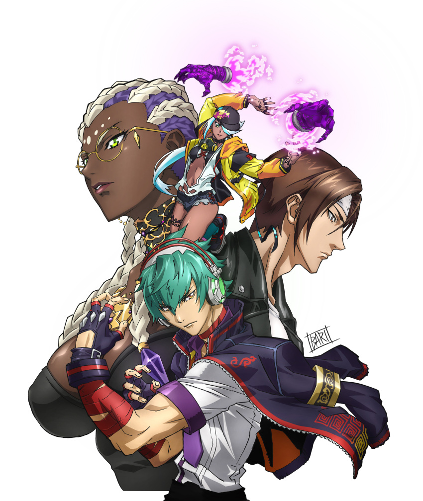 2boys, 2girls, absurdres, braid, breasts, brown_hair, dark-skinned_female, dark_skin
