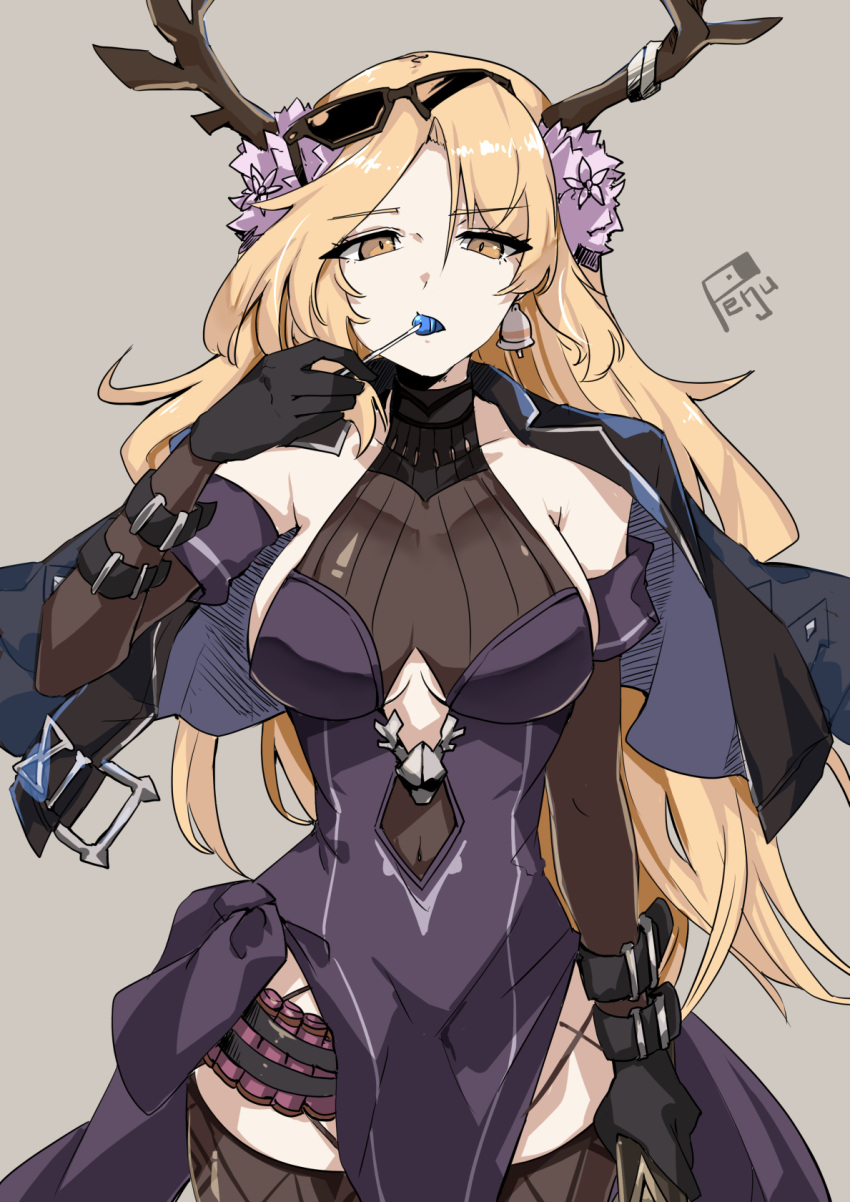 1girl, bell, black_gloves, blonde_hair, breasts, candy, dress, eyebrows_visible_through_hair, flower, food, gloves, guardian_tales, hair_flower, hair_ornament, highres, holding, holding_candy, holding_food, horns, jacket, long_hair, looking_at_viewer, medium_breasts, pepepepenguinpe, santa's_little_helper_rue, signature, simple_background, sunglasses, yellow_eyes