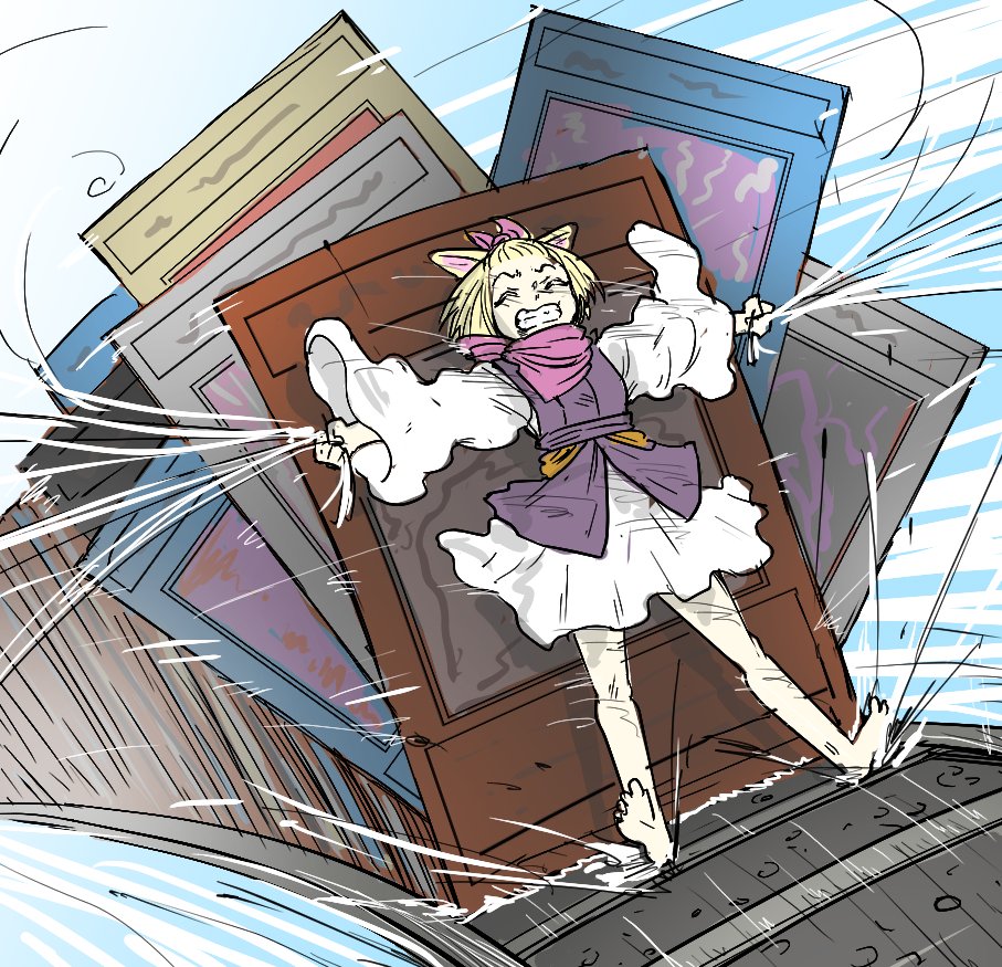 1girl, action, animal_ears, ash_blossom_&amp;_joyous_spring, barefoot, blonde_hair, card, clenched_teeth