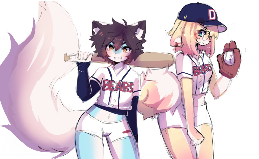 1boy, 1girl, anakoluth, animal_ears, ball, baseball, baseball_cap, baseball_mitt