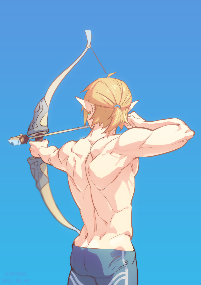 1boy, absurdres, ahoge, aiming, arrow_(projectile), blonde_hair, bow_(weapon), earrings