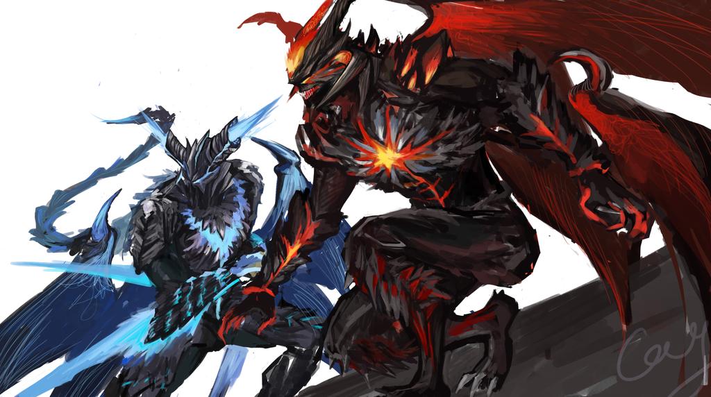 2boys, black_horns, blue_eyes, canghai, claws, dante_(devil_may_cry), demon, demon_horns