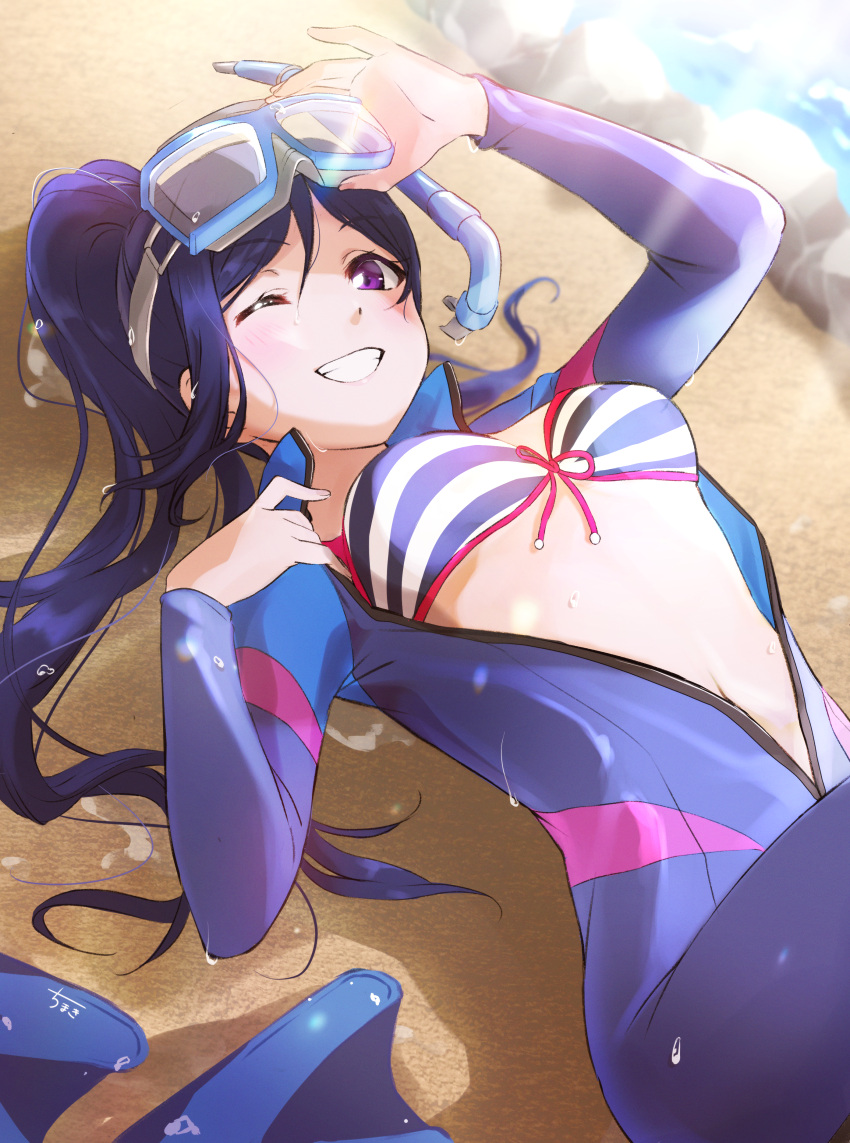 1girl, absurdres, bangs, bikini, birthday, blue_hair, blush, bodysuit, breasts, commentary, diving_mask, eyebrows_visible_through_hair, fuyuu310, goggles, goggles_on_head, grin, high_ponytail, highres, long_hair, love_live!, love_live!_sunshine!!, lying, medium_breasts, on_back, one_eye_closed, ponytail, sidelocks, smile, striped, striped_bikini, swimsuit, wetsuit