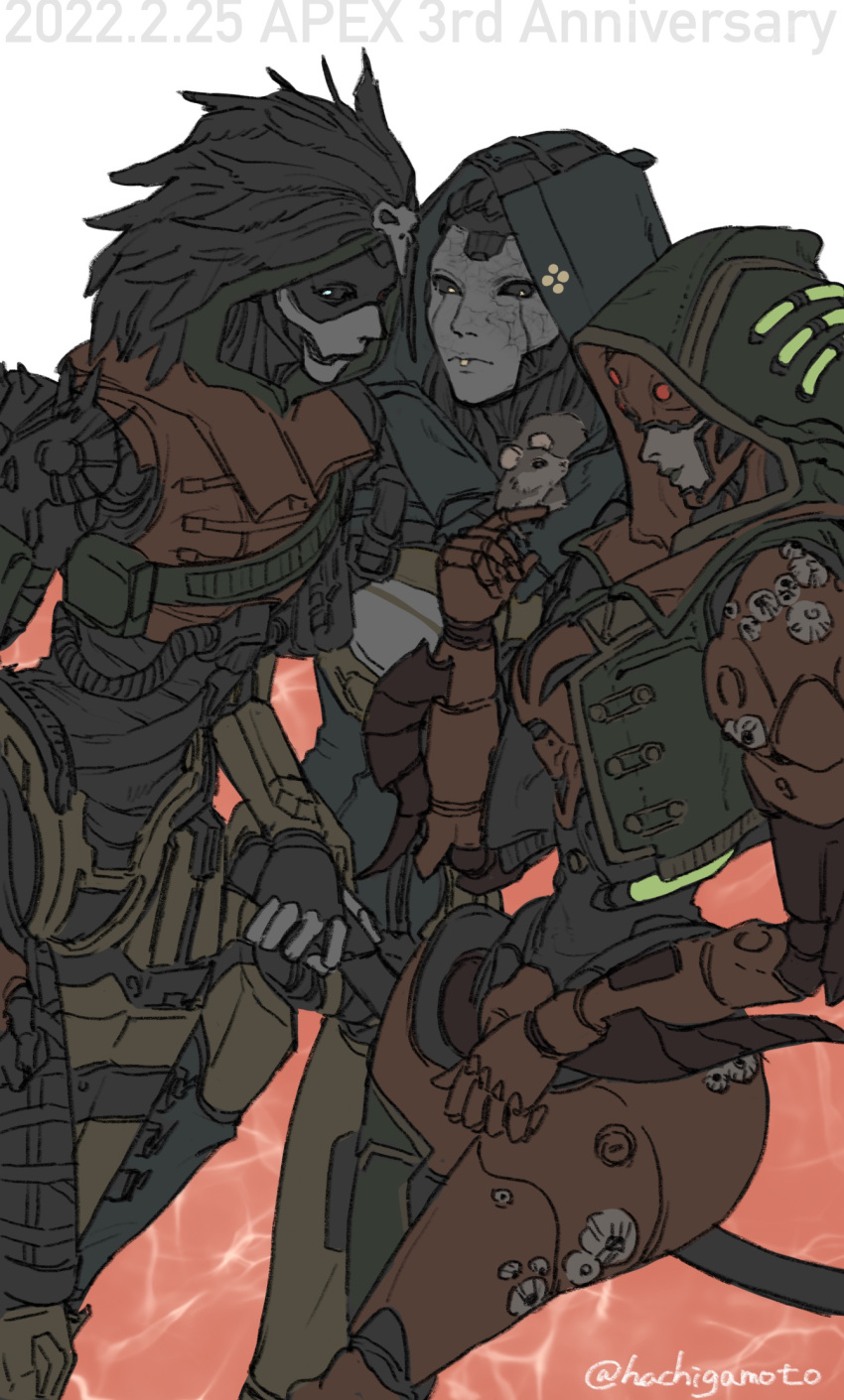 3girls, android, anniversary, apex_legends, ash_(titanfall_2), black_sclera, blue_eyes, colored_sclera, dated, denizen_of_the_deep_ash, eagle-eyed_ash, feathers, goggles, goggles_on_head, green_lips, hachigamoto, highres, holding, holding_sword, holding_weapon, hood, hood_up, multiple_girls, official_alternate_costume, science_fiction, simulacrum_(titanfall), smile, sword, weapon, yellow_eyes