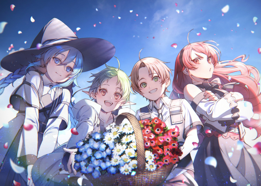 1boy, 3girls, :d, ahoge, bangs, basket, black_hairband, black_headwear