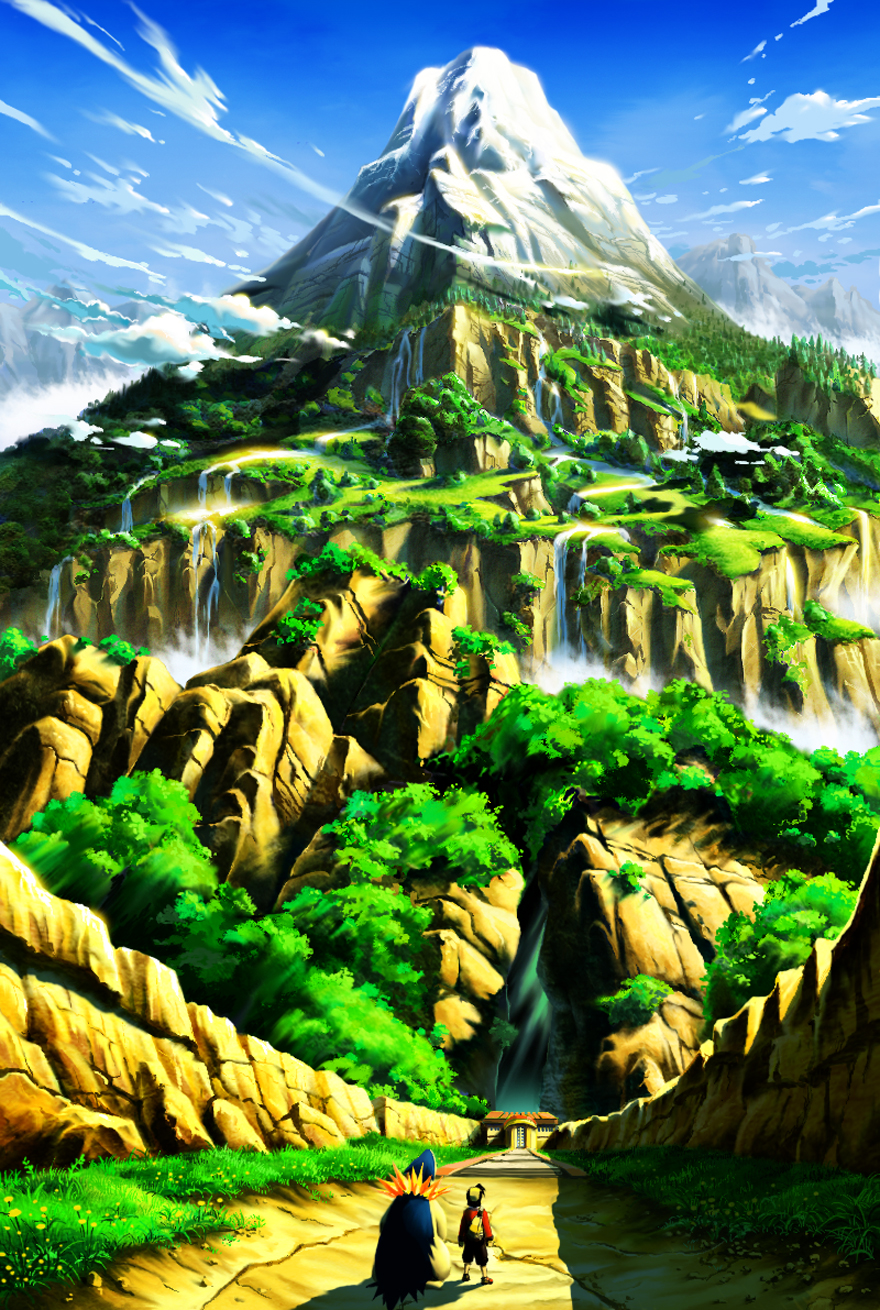 1boy, cliff, cloud, clouds, epic, forest, gold_(pokemon), gold_(pokemon)_(remake)