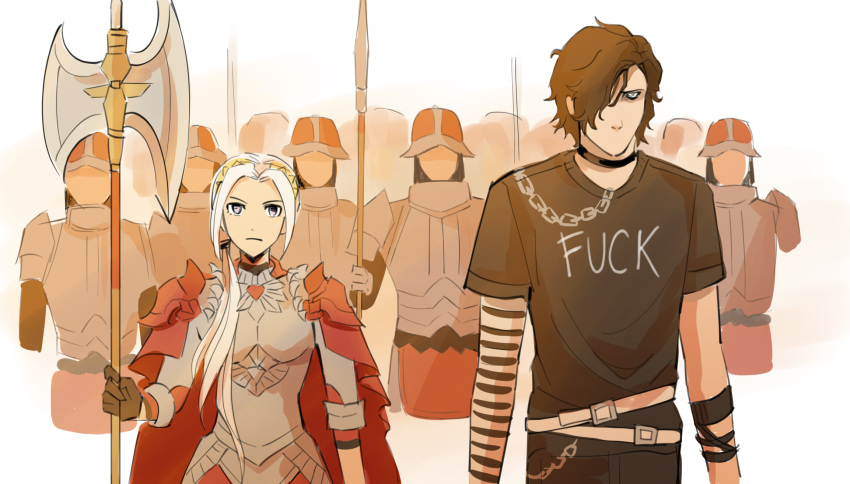 armor, axe, bags_under_eyes, black_hair, black_shirt, edelgard_von_hresvelg, fire_emblem, fire_emblem:_three_houses, fire_emblem_warriors:_three_hopes, hair_over_one_eye, highres, hubert_von_vestra, looking_at_viewer, norue, parody, polearm, serious, shirt, silver_hair, spear, upper_body, weapon