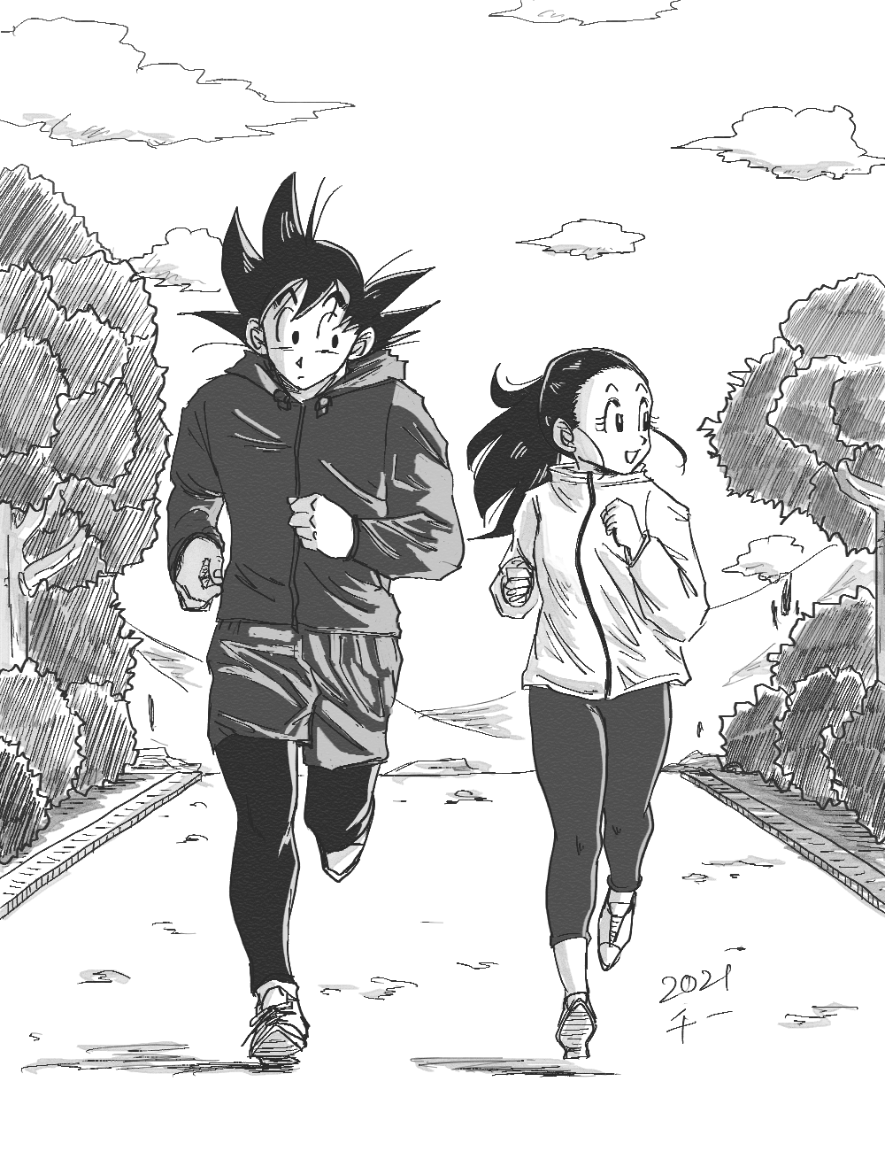 1boy, 1girl, arms_at_sides, bangs, black_eyes, black_hair, black_legwear, bush