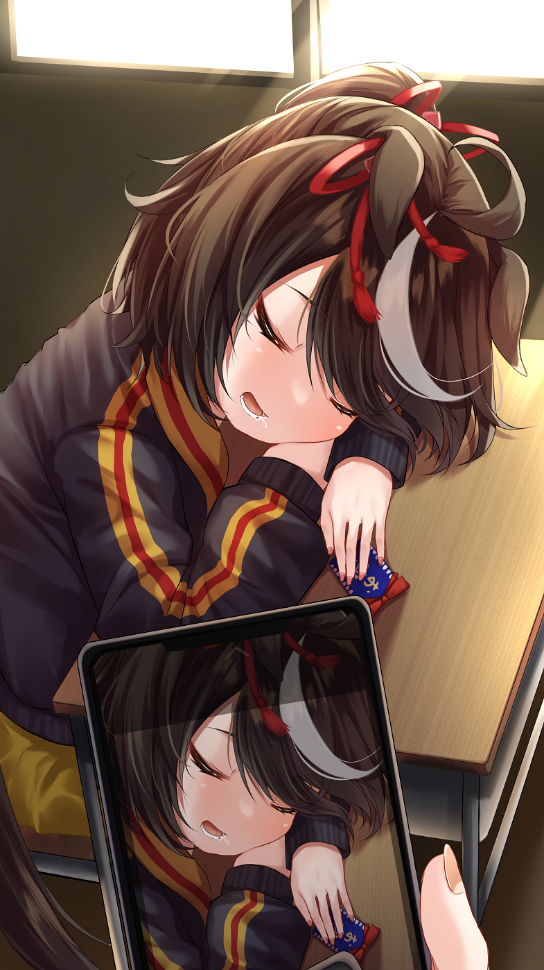 1girl, black_hair, blush, casual, cellphone, closed_eyes, commentary_request, desk