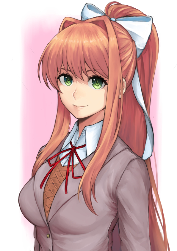 1girl, bow, breasts, closed_mouth, collared_shirt, commentary, doki_doki_literature_club, eyebrows_behind_hair, green_eyes, hair_over_shoulder, hair_ribbon, high_ponytail, long_hair, looking_at_viewer, monika_(doki_doki_literature_club), natrium_picture, orange_hair, red_ribbon, ribbon, school_uniform, shaded_face, shirt, sidelocks, simple_background, smile, solo, two-tone_background, upper_body, white_bow, white_ribbon, white_shirt