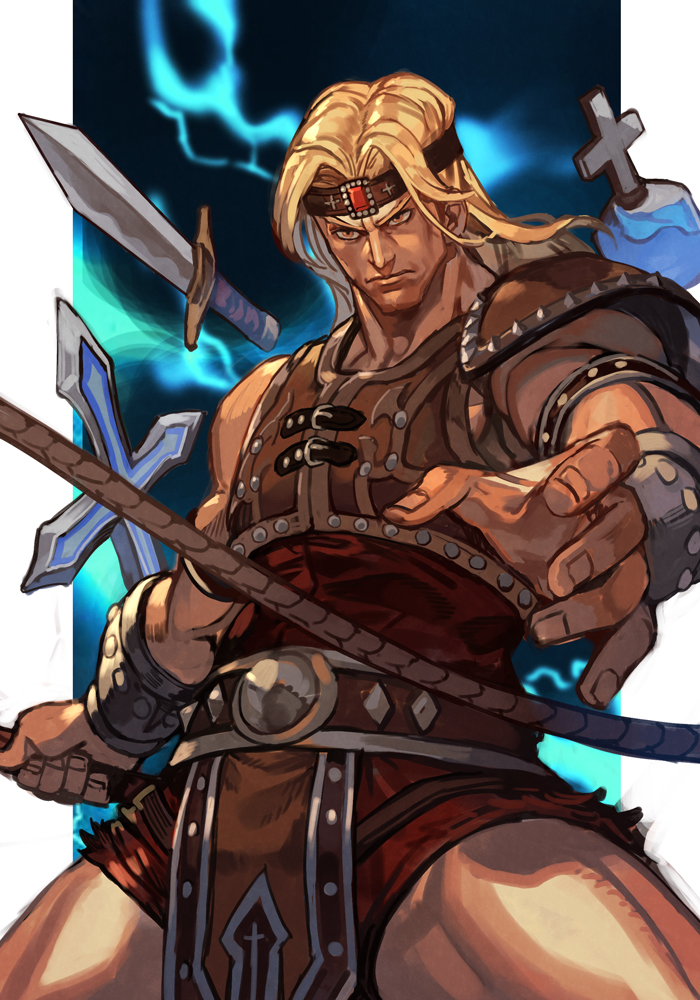 1boy, armor, belt, belt_buckle, blonde_hair, buckle, castlevania, closed_mouth, fingernails, foreshortening, hankuri, headband, holding, holy_water, long_hair, male_focus, manly, muscular, pillarboxed, shoulder_armor, simon_belmont, simple_background, solo, super_smash_bros., weapon