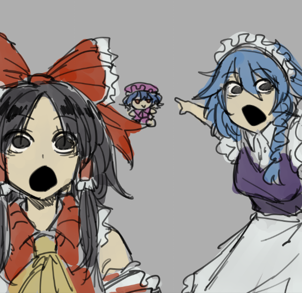 3girls, :>, :o, ascot, bare_shoulders, black_eyes, black_hair, blue_hair, bow, braid, breasts, detached_sleeves, dress, eyebrows_visible_through_hair, focused, fumo_(doll), gohei, grey_background, hair_bow, hair_tubes, hakurei_reimu, hat, izayoi_sakuya, long_sleeves, looking_at_viewer, maid, maid_headdress, meme, mob_cap, multiple_girls, oekaki, open_mouth, pink_dress, pink_headwear, pointing_at_another, remilia_scarlet, ribbon-trimmed_sleeves, ribbon_trim, shigezie, sidelocks, sketch, touhou, two_soyjaks_pointing_(meme)