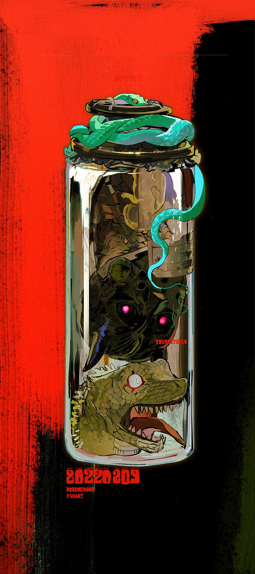 dorohedoro, highres, horns, jar, kaiman_(dorohedoro), mask, nano_(c175311), open_mouth