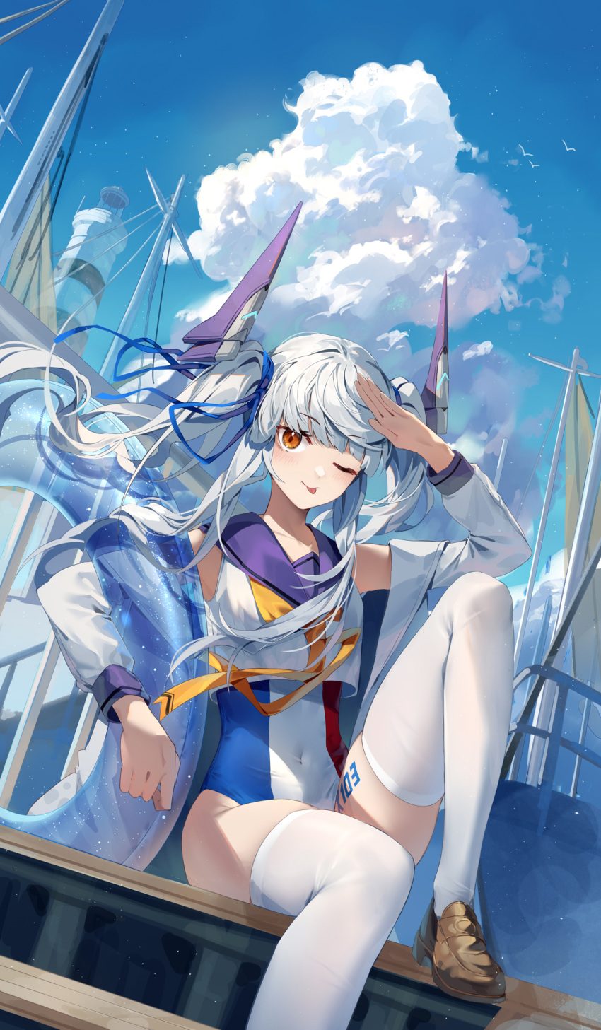 1girl, blue_sky, boat, breasts, clouds, headgear, highres, ji_dao_ji