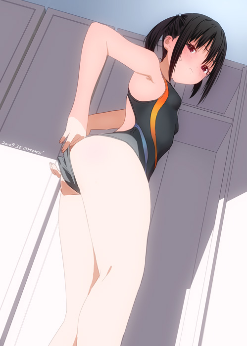 1girl, adjusting_clothes, adjusting_swimsuit, armpits, artist_name, ass, baba_arumi, bangs