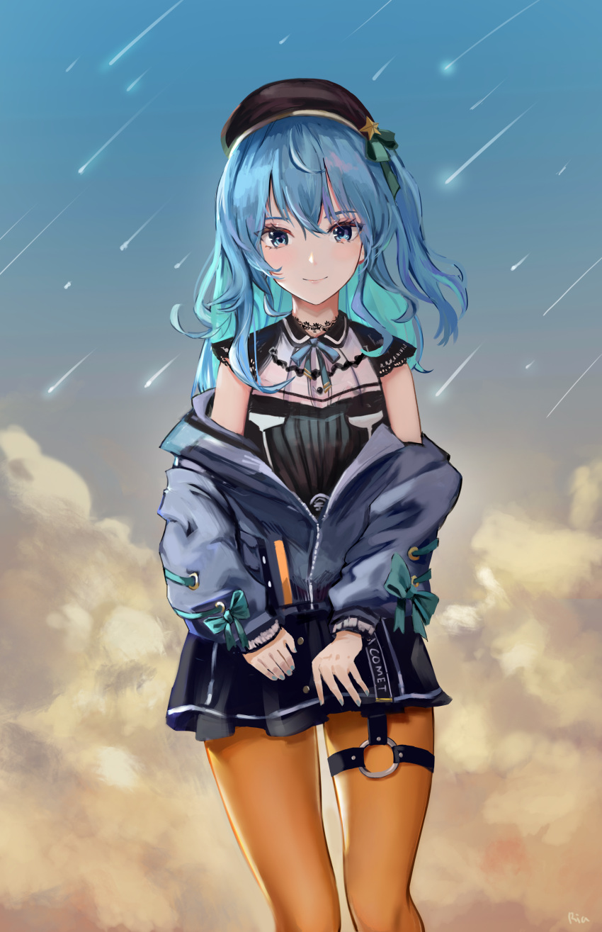 1girl, absurdres, beret, blue_eyes, blue_hair, blue_nails, choker, closed_mouth