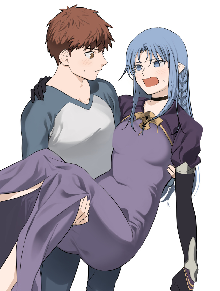 1boy, 1girl, black_gloves, blue_eyes, blue_hair, blue_pants, braid, carrying, dress, emiya_shirou, fate/stay_night, fate_(series), gloves, highres, long_hair, long_sleeves, medea_(fate), open_mouth, orange_hair, pants, pointy_ears, princess_carry, purple_dress, raglan_sleeves, rasupekuto, shirt, side_braid, white_shirt, yellow_eyes