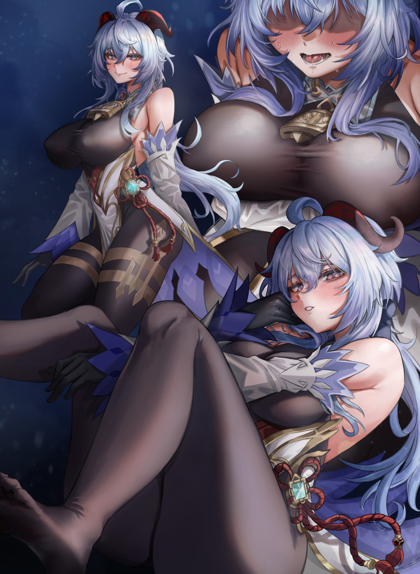 1girl, absurdres, bare_shoulders, bell, black_bodysuit, blue_hair, bodysuit, breasts