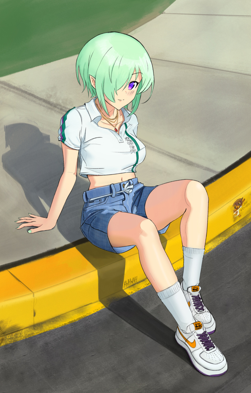 1girl, absurdres, arm_support, blue_shorts, casual, collarbone, crop_top, druj_(jahy), eyebrows_visible_through_hair, green_hair, green_nails, highres, jahy-sama_wa_kujikenai!, jewelry, light_blush, looking_at_viewer, midriff, nail_polish, navel, necklace, on_ground, one_eye_covered, pavement, pointy_ears, road, shirt, shoes, short_hair, short_sleeves, shorts, signature, sitting, socks, solo, street, violet_eyes, wah_awh, white_footwear, white_legwear, white_shirt