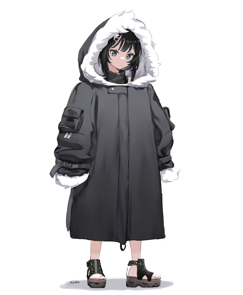 1girl, alternate_costume, arknights, bangs, black_coat, black_eyes, black_footwear, black_hair