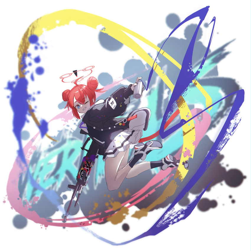 1girl, absurdres, black_legwear, blue_archive, blue_eyes, blurry, blurry_background, can