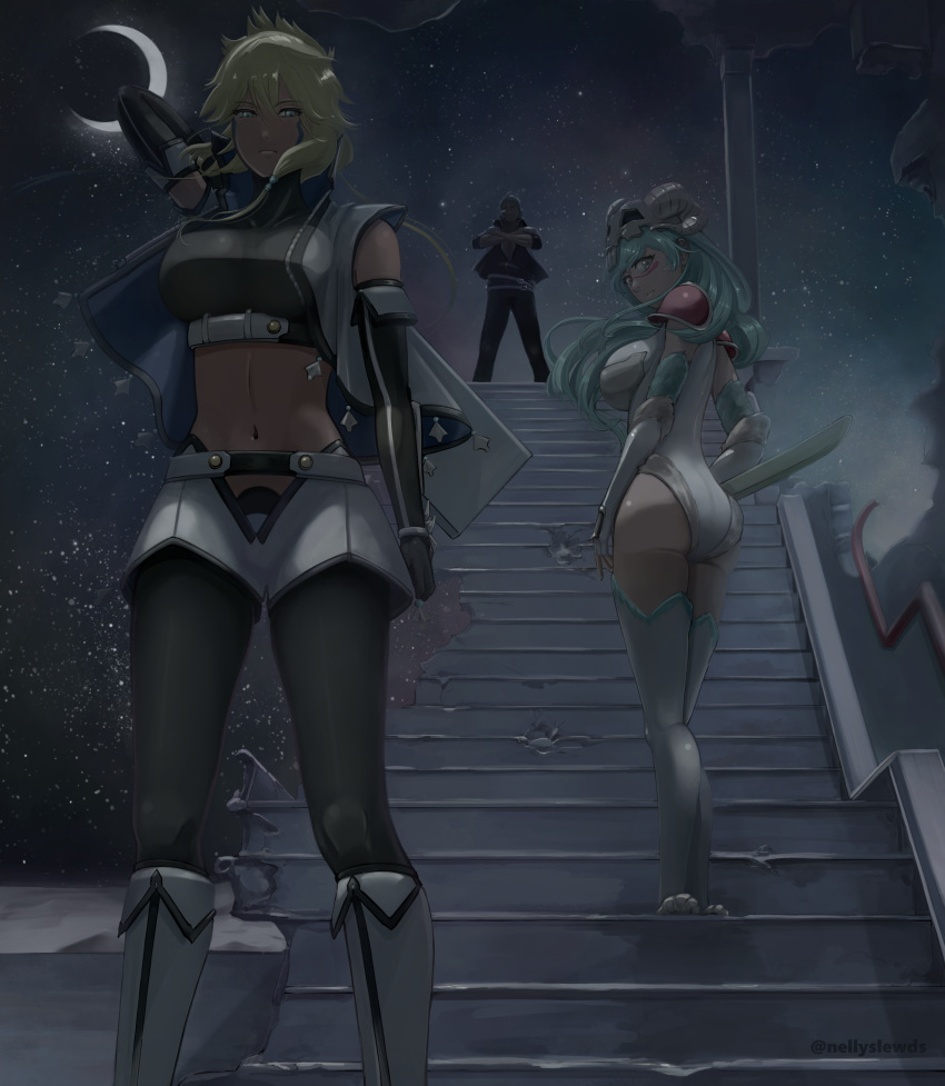 1boy, 2girls, absurdres, alternate_costume, arm_behind_back, arrancar, ass, belt