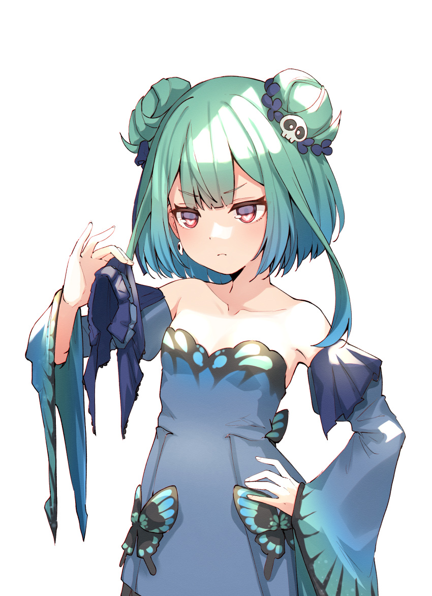 1girl, absurdres, bangs, bare_shoulders, blue_hair, closed_mouth, commentary, detached_collar, detached_collar_removed, detached_sleeves, double_bun, dress, earrings, eyebrows_visible_through_hair, frown, green_hair, hair_ornament, hand_on_hip, highres, holding, hololive, jewelry, long_hair, multicolored_hair, red_eyes, simple_background, skull_hair_ornament, solo, strapless, strapless_dress, streaked_hair, upper_body, uruha_rushia, v-shaped_eyebrows, valefal_coneri, virtual_youtuber, white_background