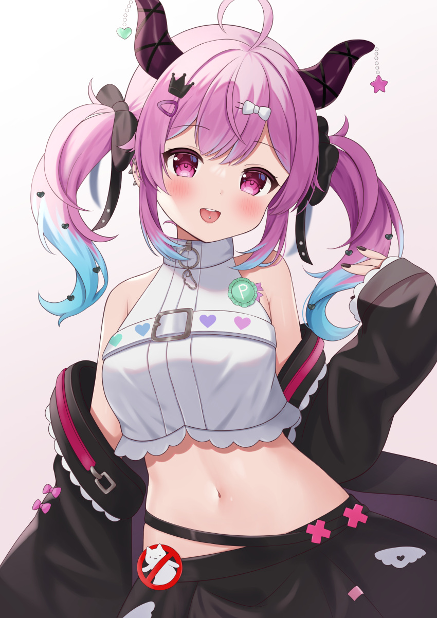 1girl, :d, absurdres, ahoge, armpit_crease, bangs, bare_shoulders, belt