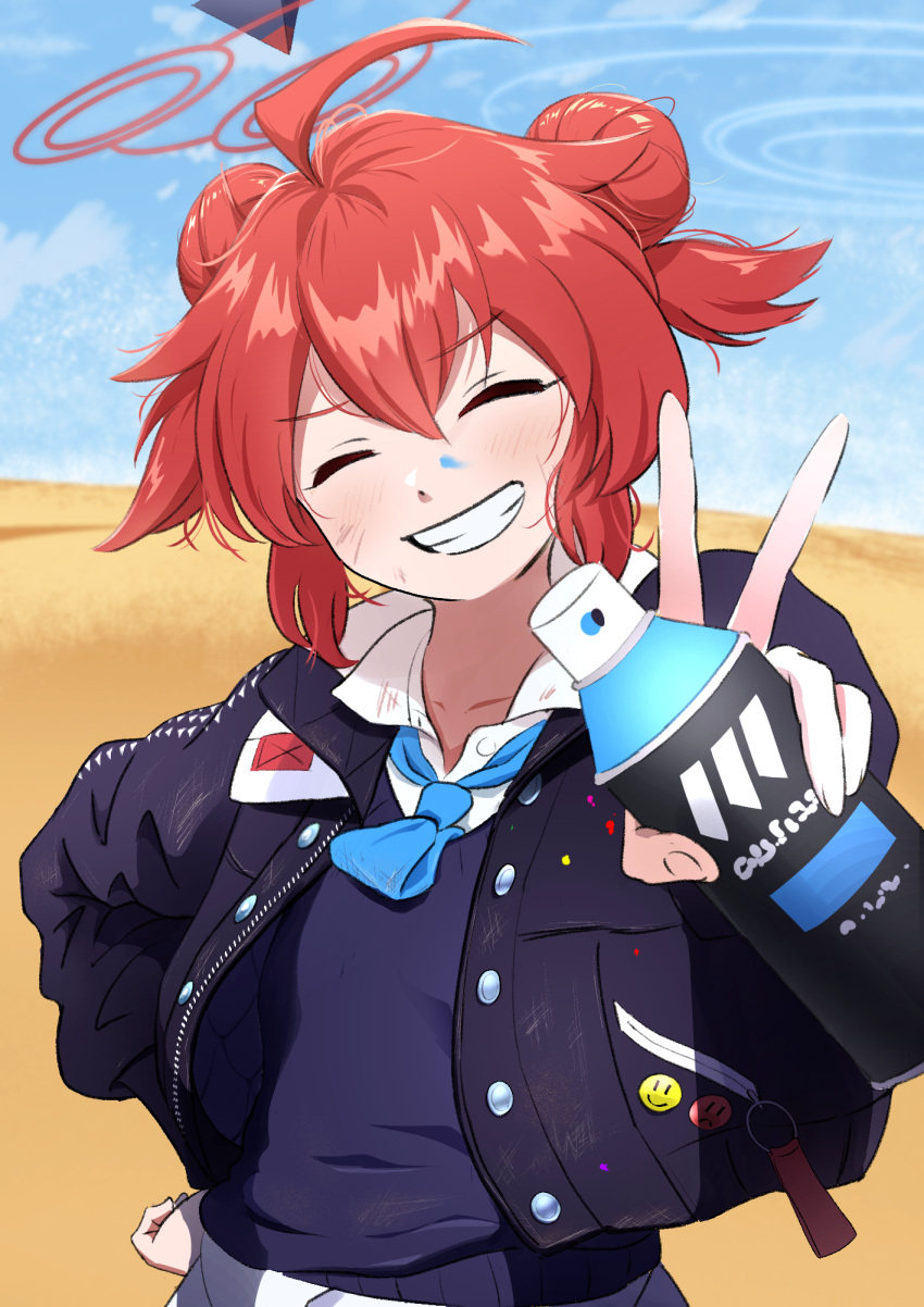1girl, ^_^, ahoge, blue_archive, blue_necktie, blue_sweater_vest, closed_eyes, collared_shirt, desert, double_bun, eyebrows_visible_through_hair, grin, hair_between_eyes, halo, hand_on_hip, highres, jacket, light_blush, long_sleeves, maki_(blue_archive), nadayui, necktie, open_clothes, open_jacket, outdoors, paint_on_clothes, paint_splatter, paint_splatter_on_face, puffy_sleeves, redhead, scratches, shirt, sidelocks, smile, solo, spray_can, spray_paint, sweater_vest, upper_body, v, white_shirt