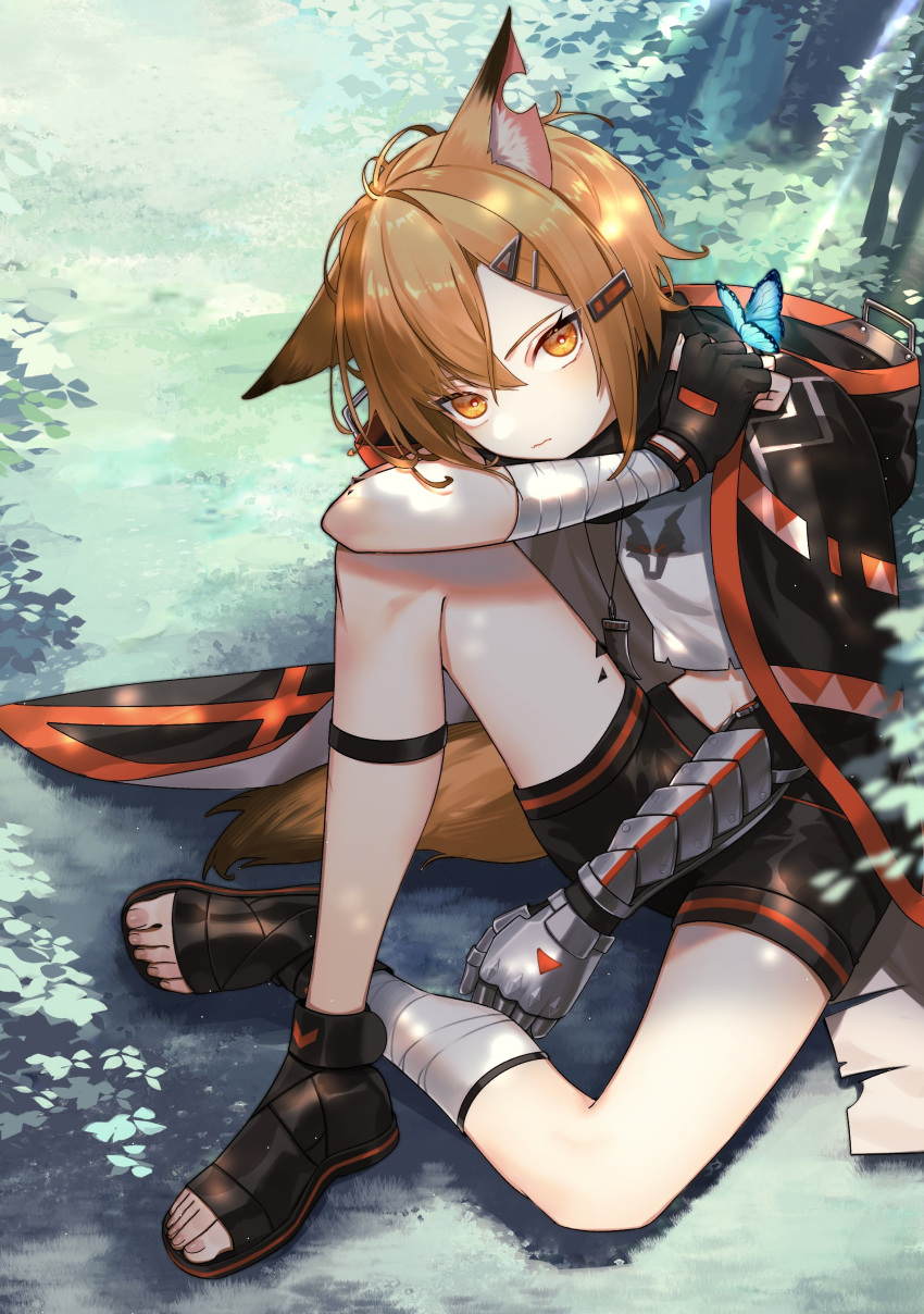1girl, absurdres, animal_ears, arknights, bangs, black_footwear, blush, bug