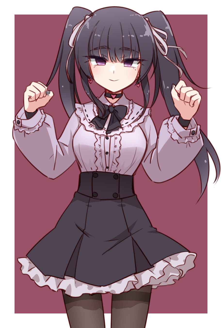 1girl, black_hair, black_legwear, choker, earrings, eyebrows_visible_through_hair, frills, hair_ribbon