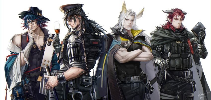 4boys, absurdres, animal_ears, anjingkuxiao, arknights, black_hair, blue_hair, coat, cup, drinking_glass, glasses, hand_to_lip, hat, hat_belt, hellagur_(arknights), highres, hoederer_(arknights), horns, jesselton_williams_(arknights), male_focus, mr._nothing_(arknights), multiple_boys, muscular, muscular_male, police, police_hat, police_uniform, shirt, silver_hair, sleeveless, sleeveless_shirt, smile, sword, uniform, weapon, white_background, wine_glass