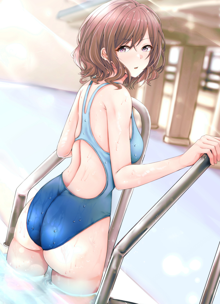 1girl, ass, bangs, blue_swimsuit, breasts, brown_hair, cowboy_shot, from_behind
