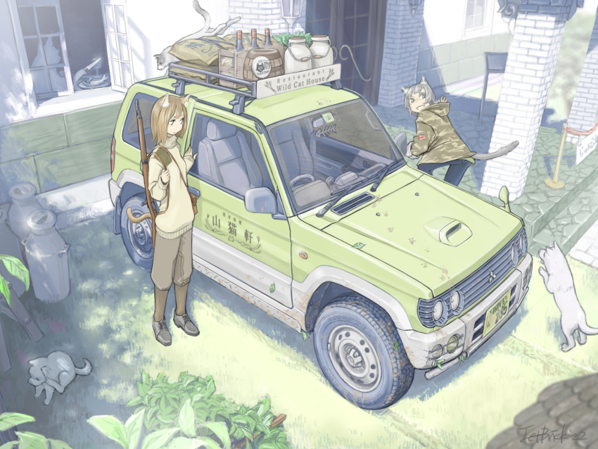 2girls, animal, animal_ears, barrel, bottle, brown_hair, camouflage, car