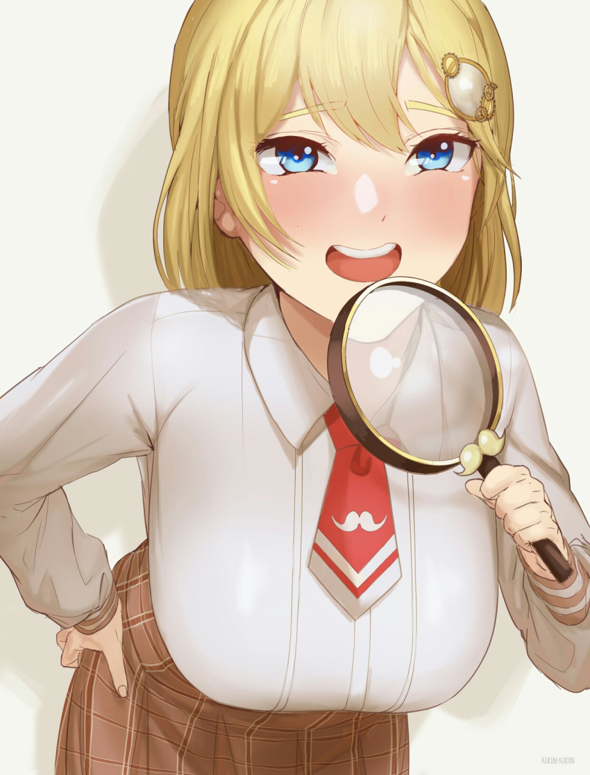 1girl, bangs, blonde_hair, blue_eyes, breasts, brown_skirt, collared_shirt, commentary
