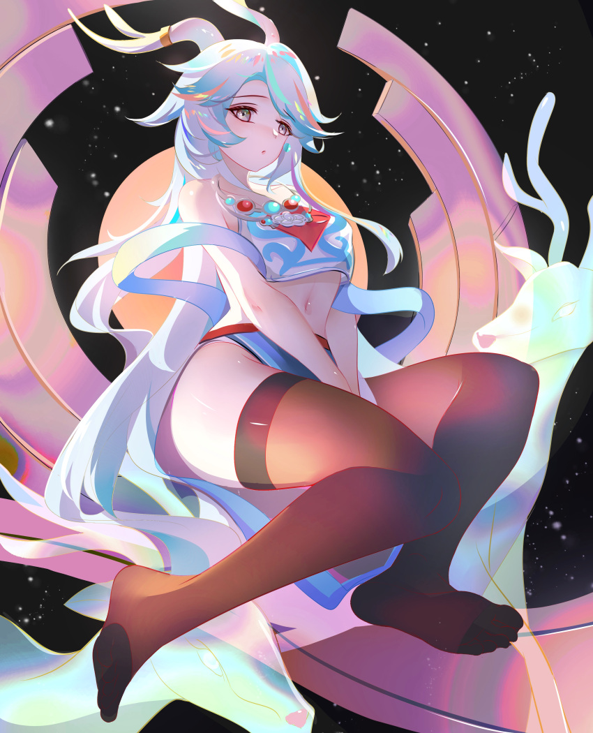 1girl, a_deer_of_nine_colors, absurdres, animal, antlers, arknights, bare_shoulders, between_legs