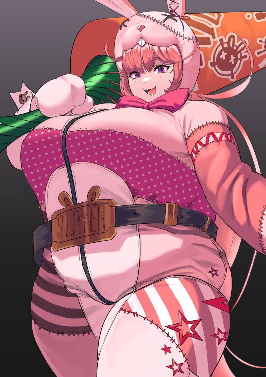 1girl, :3, absurdres, animal_ears, breasts, commentary_request, cowboy_shot, dot_nose, eyebrows_visible_through_hair, highres, lance, last_origin, long_hair, long_sleeves, looking_at_viewer, mole, mole_under_eye, niba_(last_origin), polearm, rabbit_ears, simple_background, solo, tajyador, very_long_hair, violet_eyes, weapon