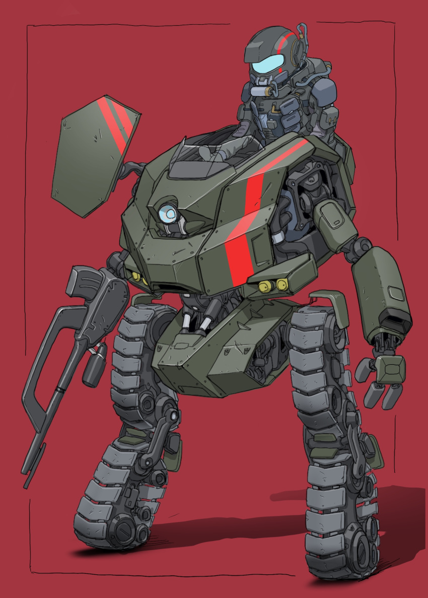 cannon, externally_piloted_mecha, gatling_santouhei, helmet, highres, mecha, original, pilot, red_background, science_fiction, simple_background