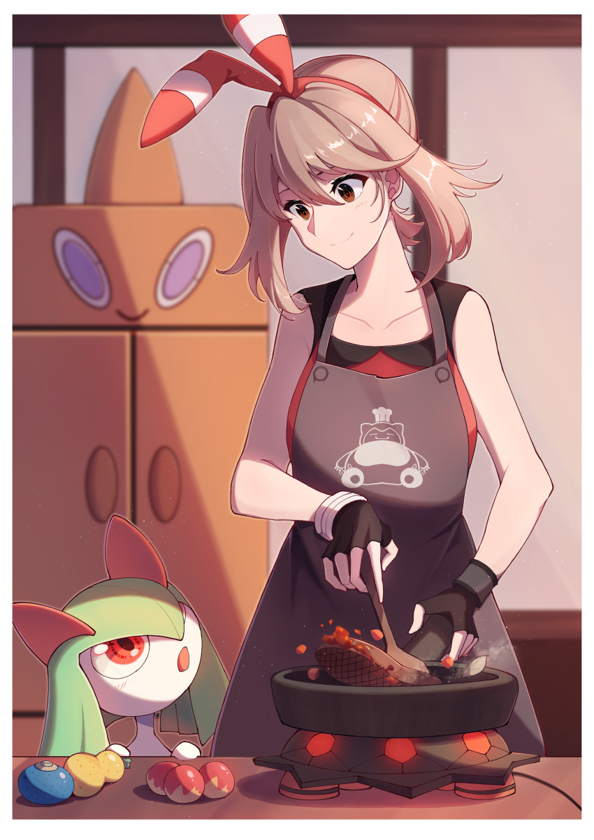 1girl, absurdres, apron, bangs, bare_arms, berry_(pokemon), black_gloves, brown_eyes