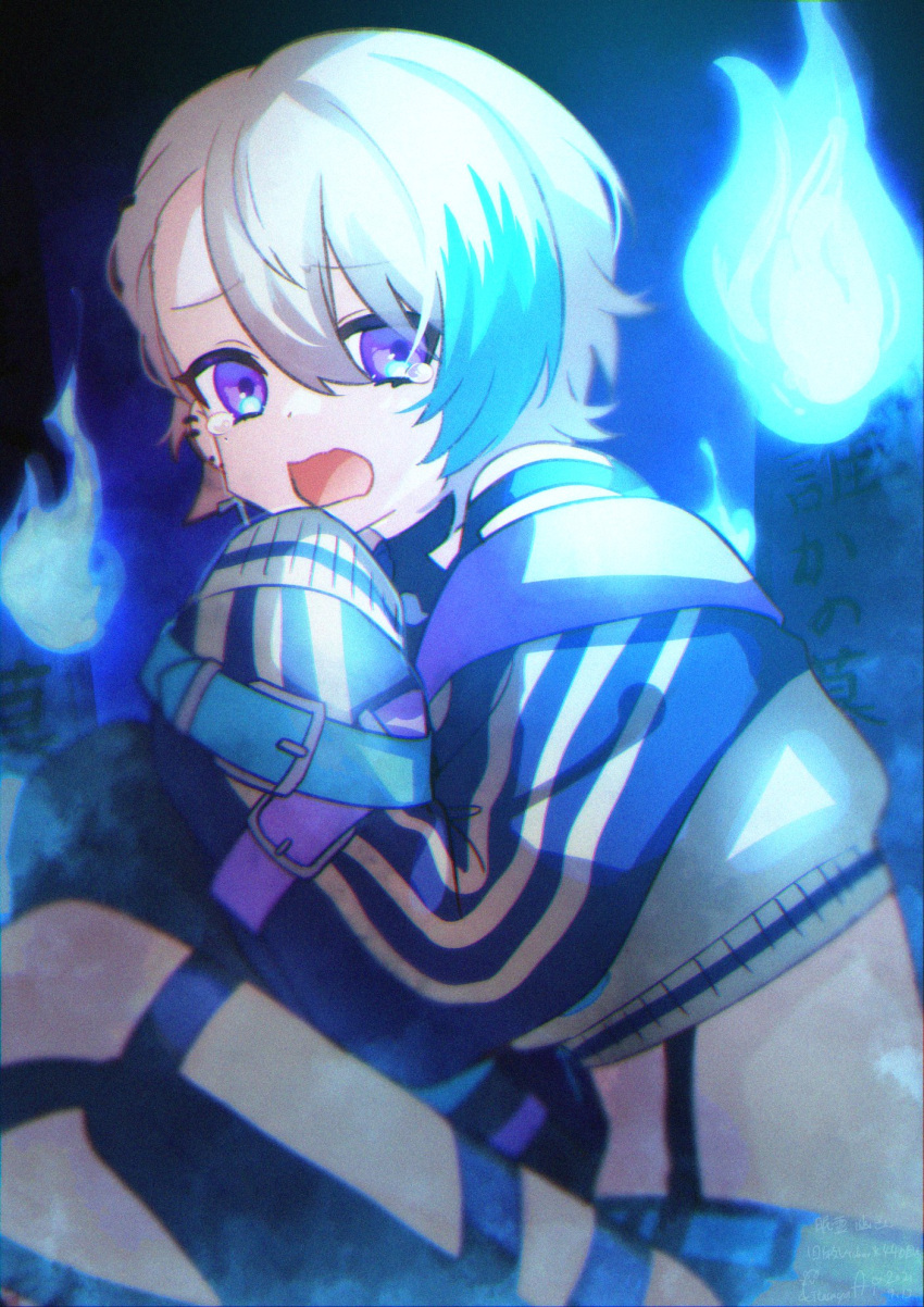 1other, androgynous, blonde_hair, blue_eyes, blue_hair, crying, ear_piercing, ghost