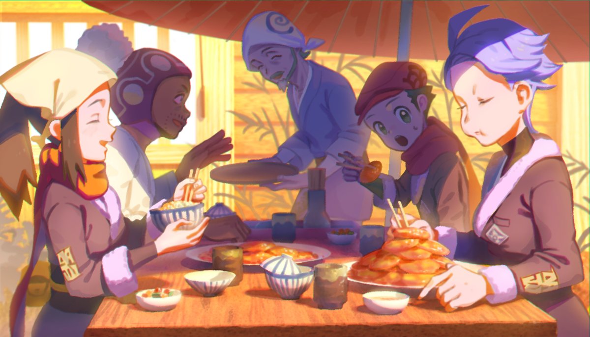 2girls, 3boys, :t, akari_(pokemon), beanie, beni_(pokemon), black_hair, black_shirt, bowl, chopsticks, closed_eyes, closed_mouth, commentary_request, cyllene_(pokemon), day, eating, from_side, grey_jacket, hat, head_scarf, holding, holding_bowl, holding_chopsticks, imomochi, jacket, laventon_(pokemon), logo, meipu_hm, multiple_boys, multiple_girls, open_mouth, orange_scarf, outdoors, pokemon, pokemon_(game), pokemon_legends:_arceus, ponytail, purple_hair, purple_headwear, red_headwear, red_scarf, rei_(pokemon), scarf, shirt, short_hair, sidelocks, sitting, smile, table, white_headwear