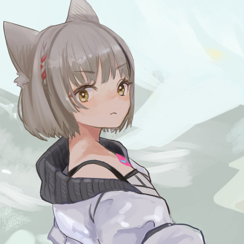 1girl, animal_ear_fluff, animal_ears, bangs, braid, cat_ears, chest_jewel, closed_mouth, eyebrows_visible_through_hair, frown, gem, grey_hair, highres, jacket, mio_(xenoblade), multicolored_hair, open_clothes, open_jacket, redhead, remaco, short_hair, solo, tank_top, two-tone_hair, upper_body, white_jacket, xenoblade_chronicles_(series), xenoblade_chronicles_3, yellow_eyes