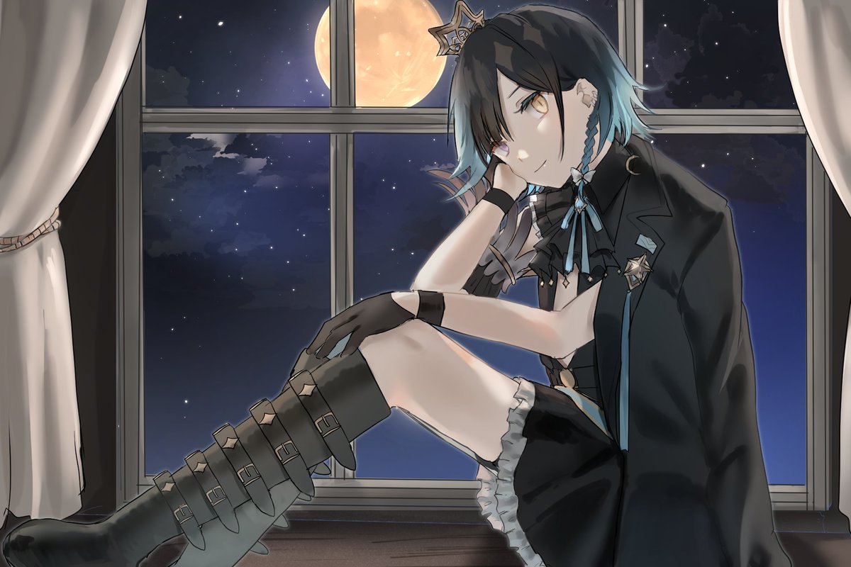 1girl, azuse_yue, black_hair, blue_hair, boots, bow, braid, colored_tips