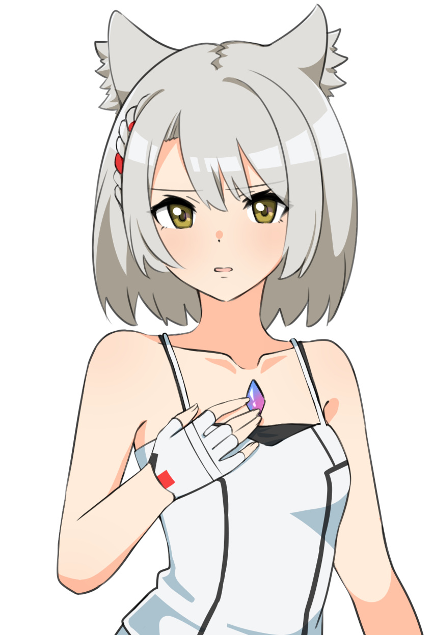 1girl, animal_ears, breasts, cat_ears, chest_jewel, gloves, highres, ikonaska, mio_(xenoblade), small_breasts, solo, tank_top, white_gloves, white_hair, white_tank_top, xenoblade_chronicles_(series), xenoblade_chronicles_3, yellow_eyes