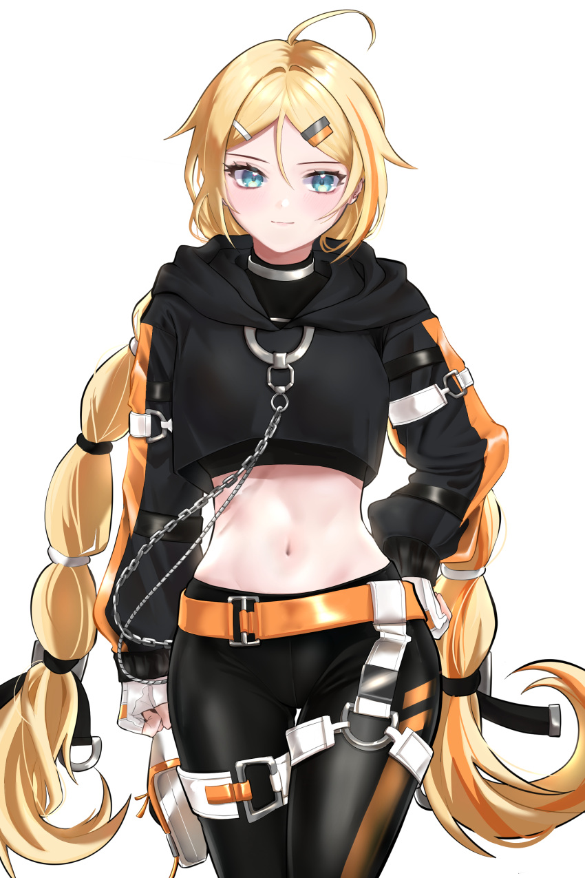 1girl, absurdres, ahoge, black_hoodie, black_pants, black_survival, black_undershirt, blonde_hair, blue_eyes, blush, breasts, chain, choker, commentary_request, crop_top, cropped_hoodie, cropped_jacket, fingerless_gloves, gloves, hair_between_eyes, hair_ornament, hairclip, highres, hood, hood_down, hooded_jacket, hoodie, jacket, long_hair, looking_at_viewer, medium_breasts, midriff, navel, nicky_blake, pants, pouch, revision, shirt, simple_background, skin_tight, solo, standing, stomach, twintails, undershirt, very_long_hair, white_background, white_gloves, zehi02